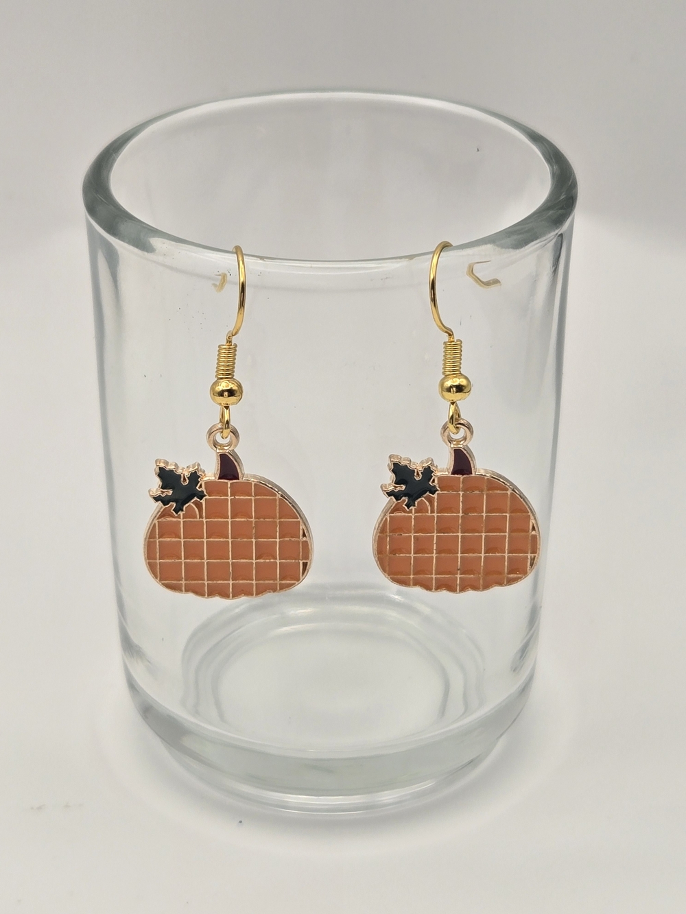 Gold-Tone Orange Pumpkin Dangle Earrings with Black Leaf Accent